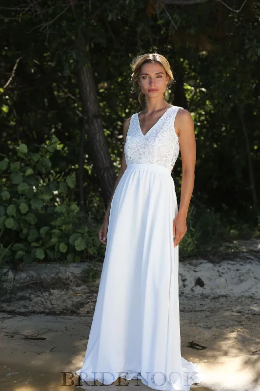 A Line Lace Wedding Dress Sleeveless With Satin Maxi Skirt