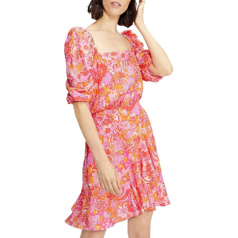 Womens Mini Puff Sleeve Fit & Flare Dress